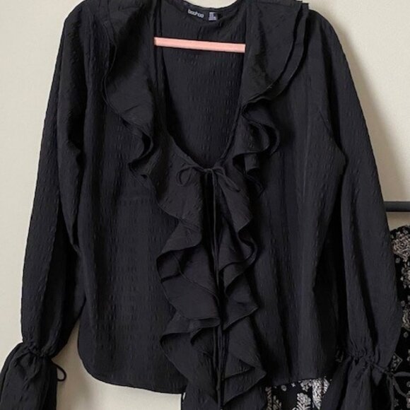 Black Boho Tie Front Long Sleeve Blouse - Picture 4 of 8